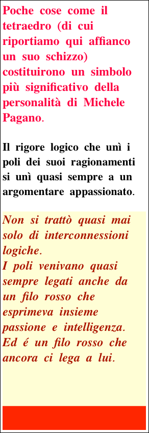 Poche cose come il tetraedro (di cui riportiamo qui affianco un suo schizzo) costituirono un simbolo più significativo della personalità di Michele Pagano. 
 
Il rigore logico che unì i poli dei suoi ragionamenti si unì quasi sempre a un argomentare appassionato. 

Non si trattò quasi mai solo di interconnessioni logiche. 
I poli venivano quasi sempre legati anche da un filo rosso che esprimeva insieme passione e intelligenza. 
Ed é un filo rosso che ancora ci lega a lui.



